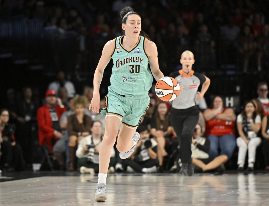 Breanna Stewart, dribbling up court, scored 20 points in the Liberty's 87-76 win over the Aces on June 23, 2026 in Las Vegas.