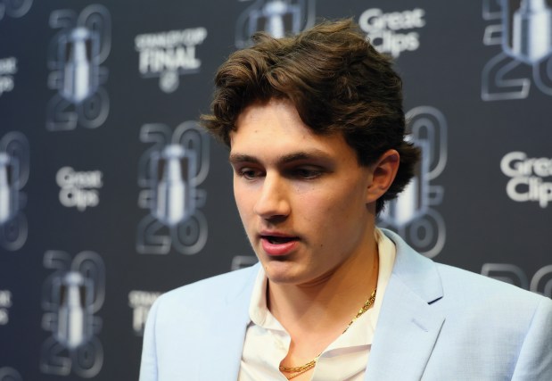 Chase Reid attends the NHL draft top prospects media availability June 9, 2026, in Las Vegas. (Bruce Bennett/Getty Images)