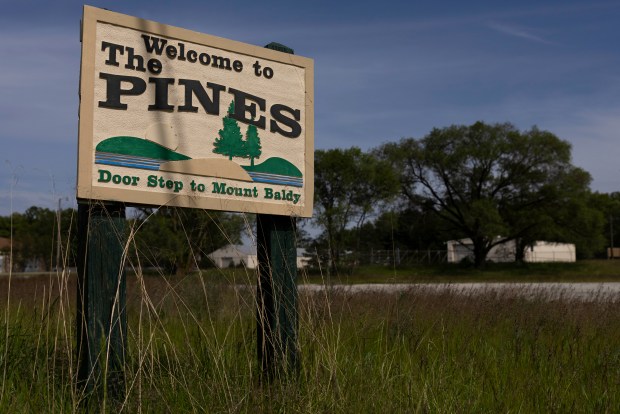 A welcome sign to Town of Pines, Indiana, on U.S. 12 on May 21, 2026. (Eileen T. Meslar/Chicago Tribune)