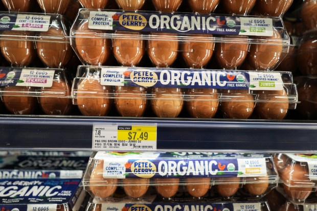 Eggs displayed on the shelf at a grocery store in Schaumburg, May 14, 2026. (Nam Y. Huh/AP)