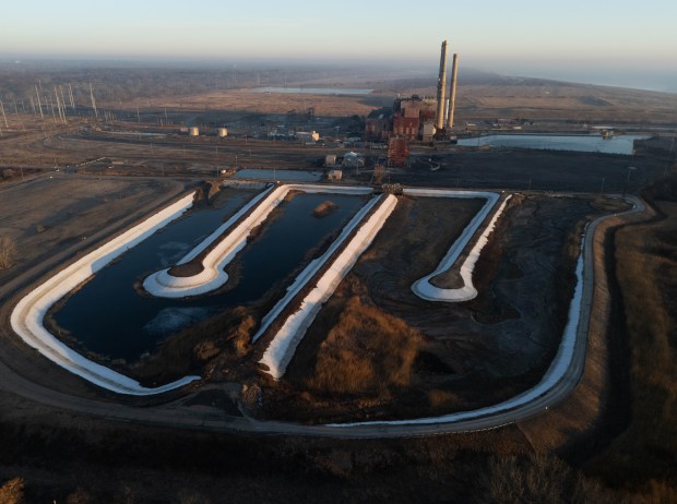 Coal ash ponds near the Waukegan Generating Station in Waukegan on Feb. 27, 2026. (Talia Sprague/for the Chicago Tribune)