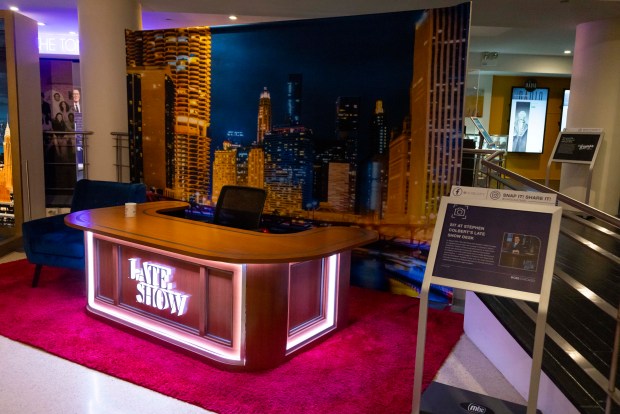 The traveling desk for "The Late Show With Stephen Colbert" is on display for the Evolution of Late Night Television exhibition at the Museum of Broadcast Communications in the West Loop on June 4, 2026. (Eileen T. Meslar/Chicago Tribune)