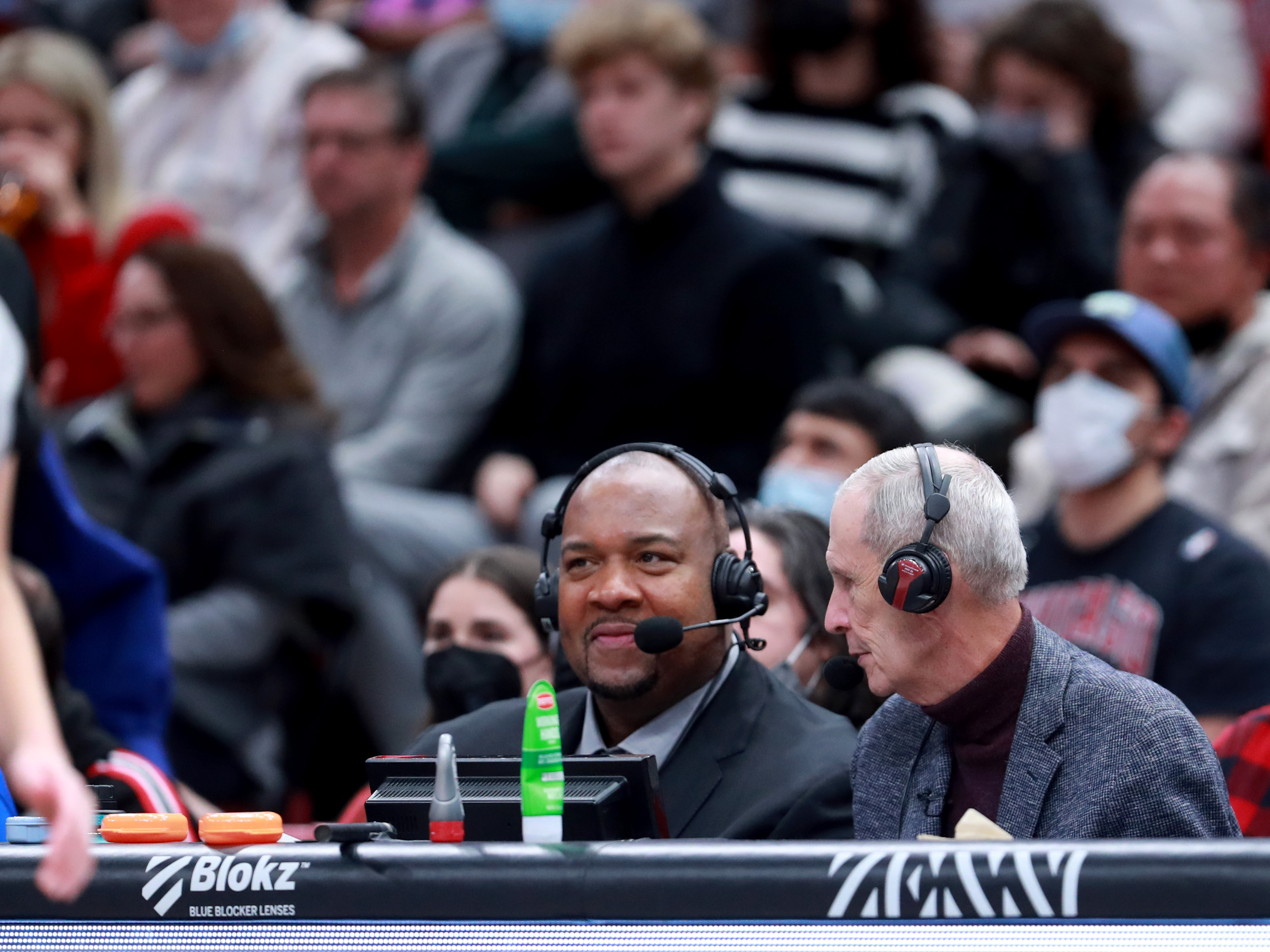 Former Chicago Bulls television play-by-play announcer Neil Funk talks with...