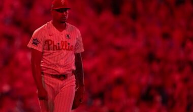 Philadelphia Phillies pitcher Jhoan Duran reacts after recording the final out and closing out a victory over the San Diego Padres in the ninth inning.