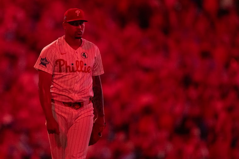 Philadelphia Phillies pitcher Jhoan Duran reacts after recording the final out and closing out a victory over the San Diego Padres in the ninth inning.