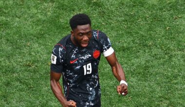 Why is Alphonso Davies not playing today for Canada against South Africa in the World Cup?