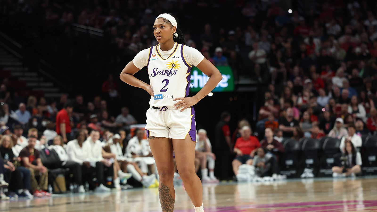 Los Angeles Sparks guard Chance Gray (2) looks on during a free throw against the Portland Fire at Moda Center.