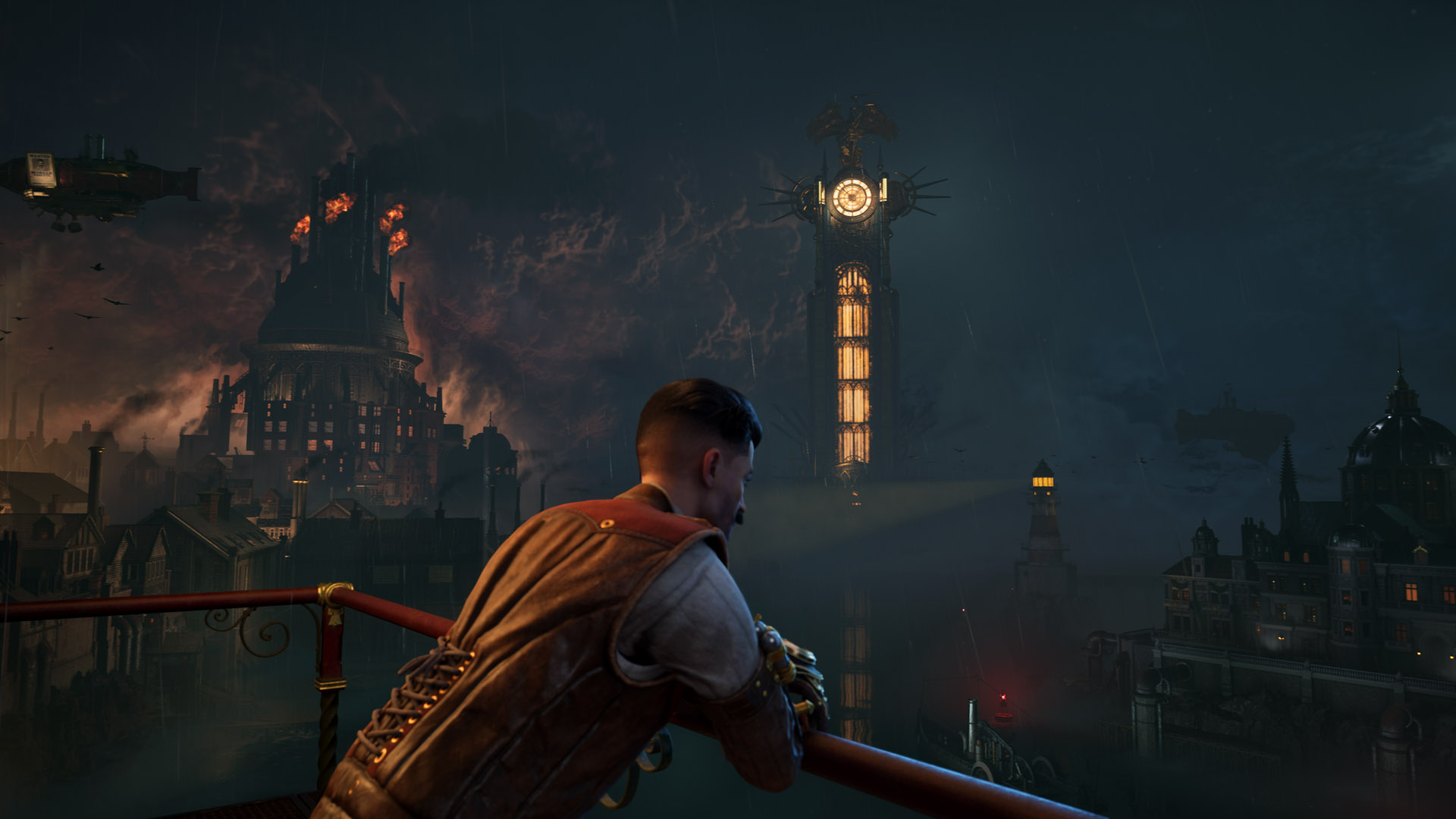 Man in a leather jacket leans on a railing, overlooking a dark city with a glowing tower, distant airship, foggy streets, and a lighthouse.