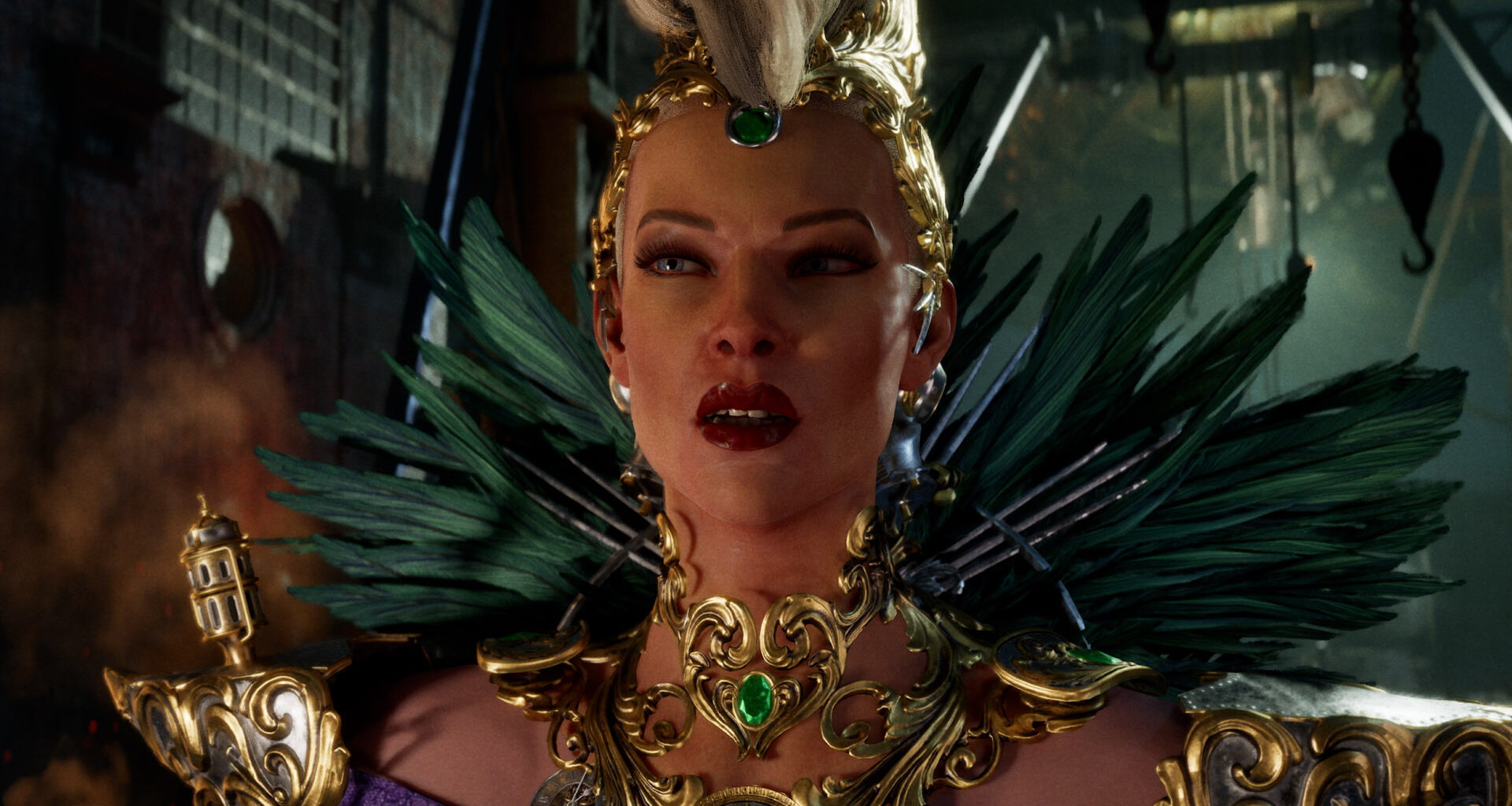 Lady Ironwood, adorned with ornate gold jewelry and green feathers, stands half-lit in shadow, staring menacingly as she speaks.