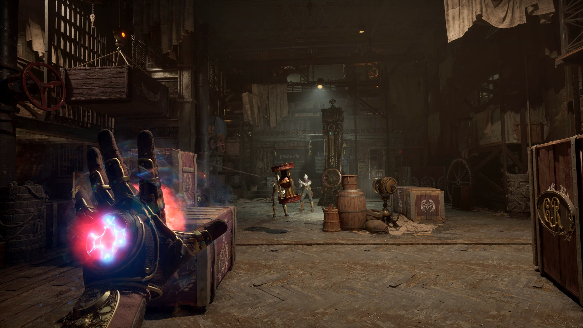 Your character uses time powers to lift and throw a barrel at two enemies in a dark warehouse filled with boxes, lights, and hanging drapery.