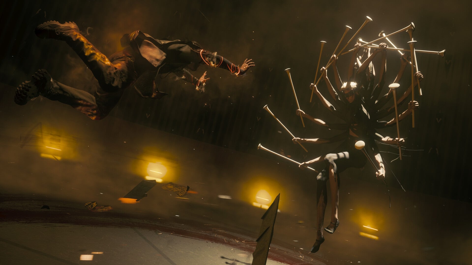 A strange enemy appears in a battle arena.