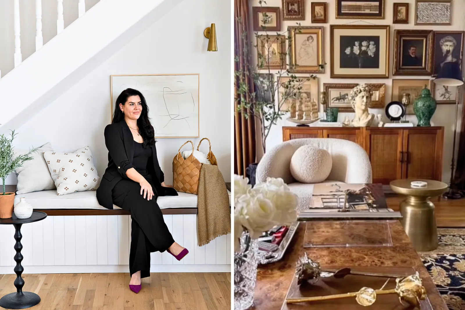From left: Aoife Maria Tobin sits on a bench; and an image of a home decorated in "granny chic" style.