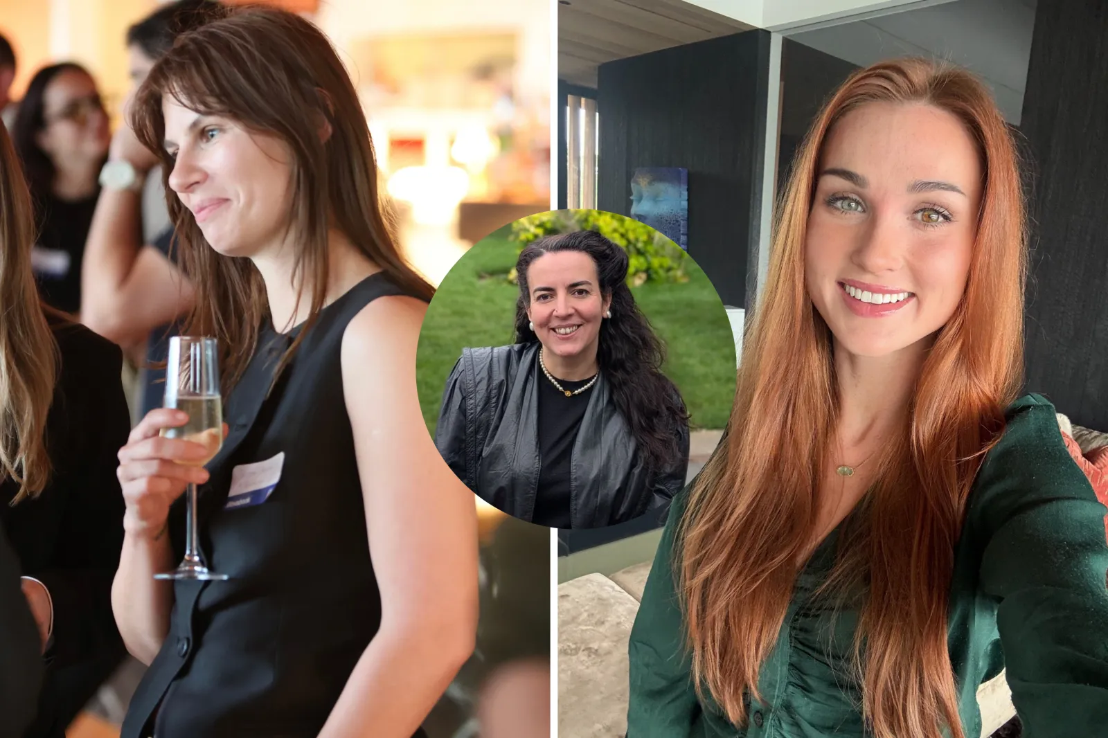 Jelena Skene holding a glass of prosecco (left), Zakia Moulaoui Guery smiling outside (middle) Jessica Strickland smiling at the camera (right).