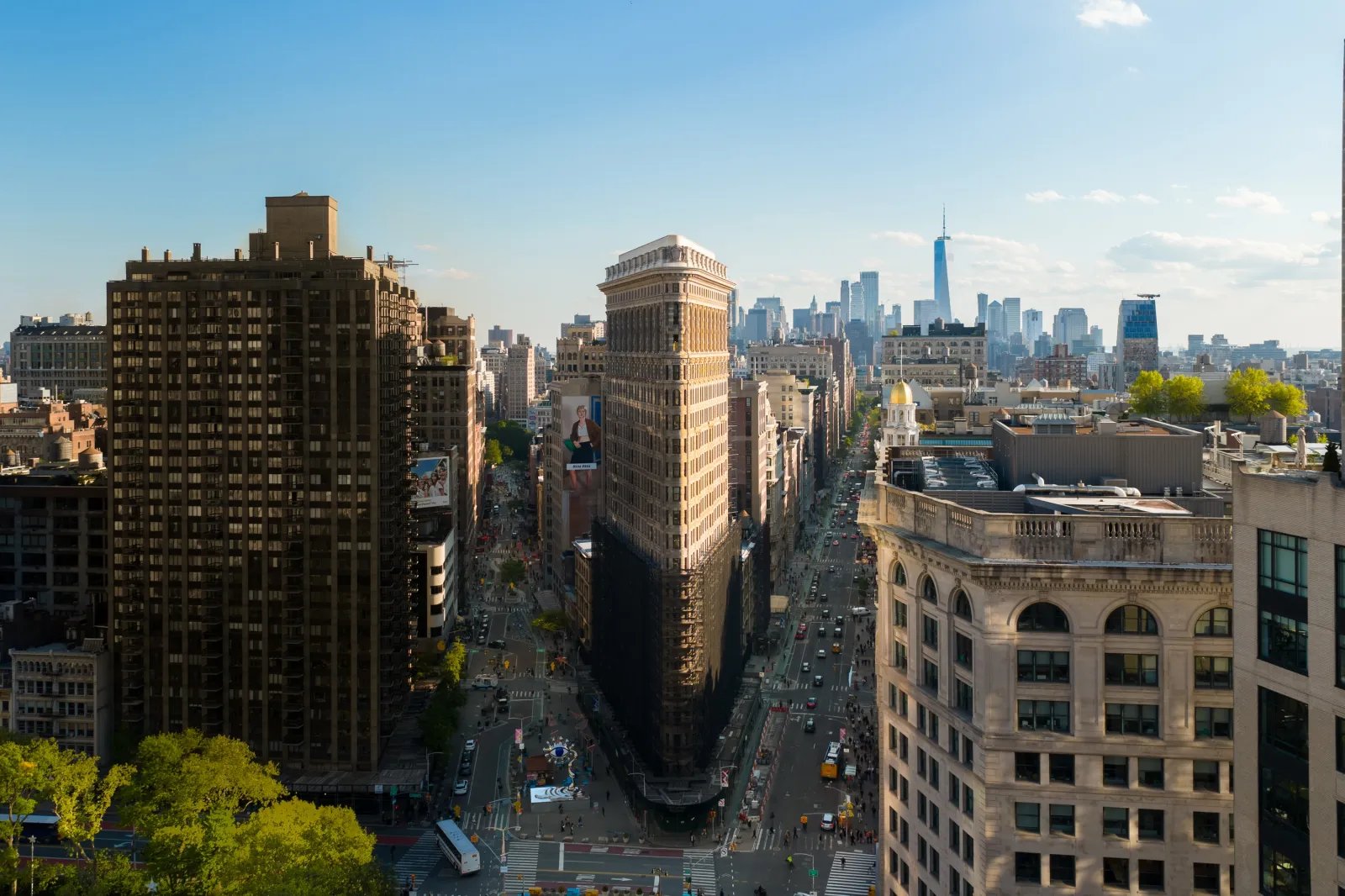 A view of scaffolding on the bottom half of the Flatiron Building in New York City.