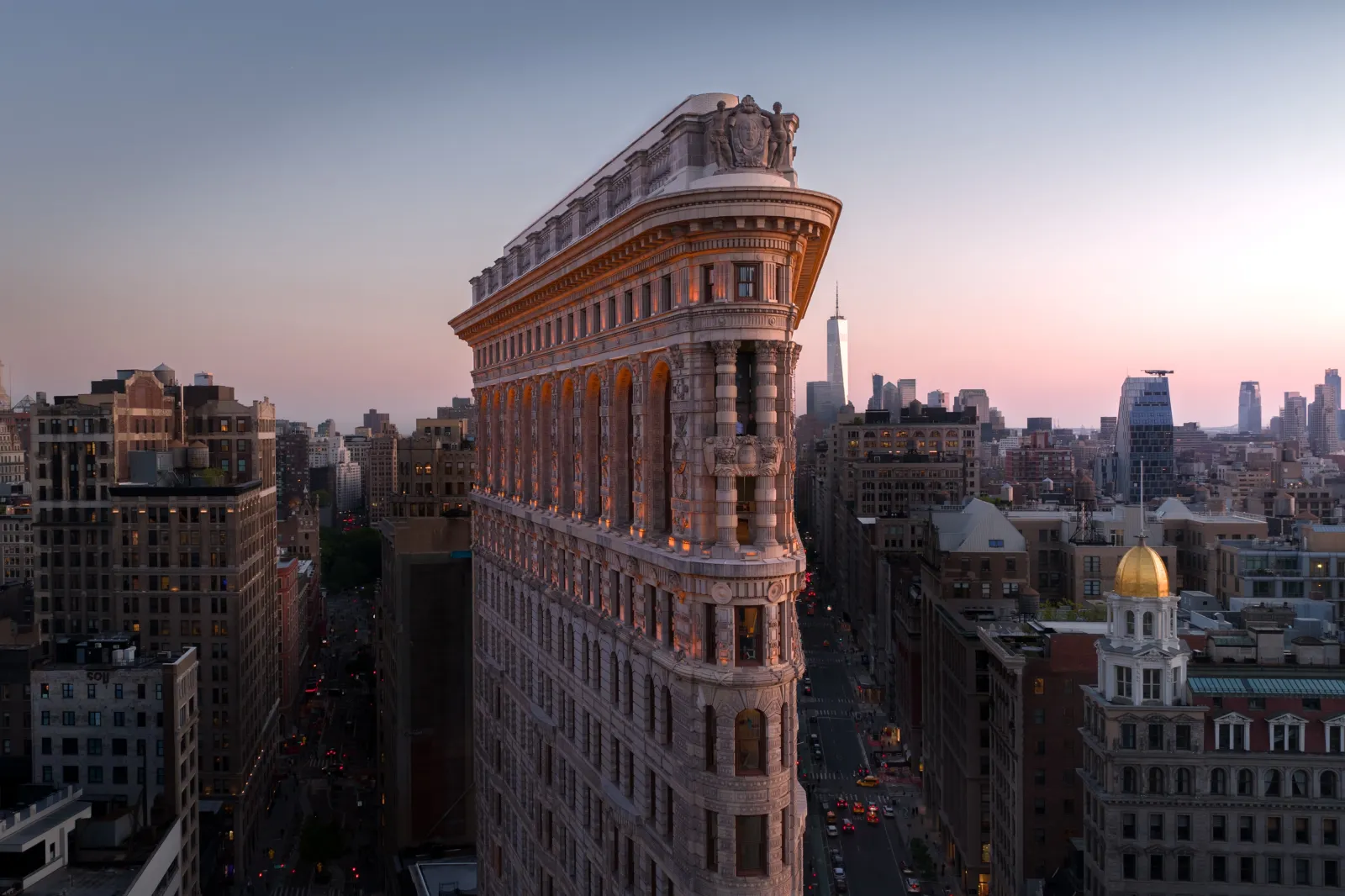 A view of the Flatiron Building lit up for the first time in its 124 year history.