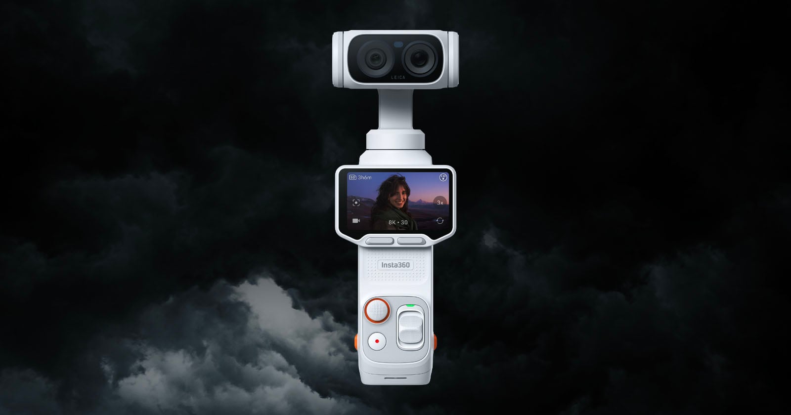 A white handheld Insta360 camera with dual lenses and a display screen showing a woman, set against a dramatic dark, cloudy background.