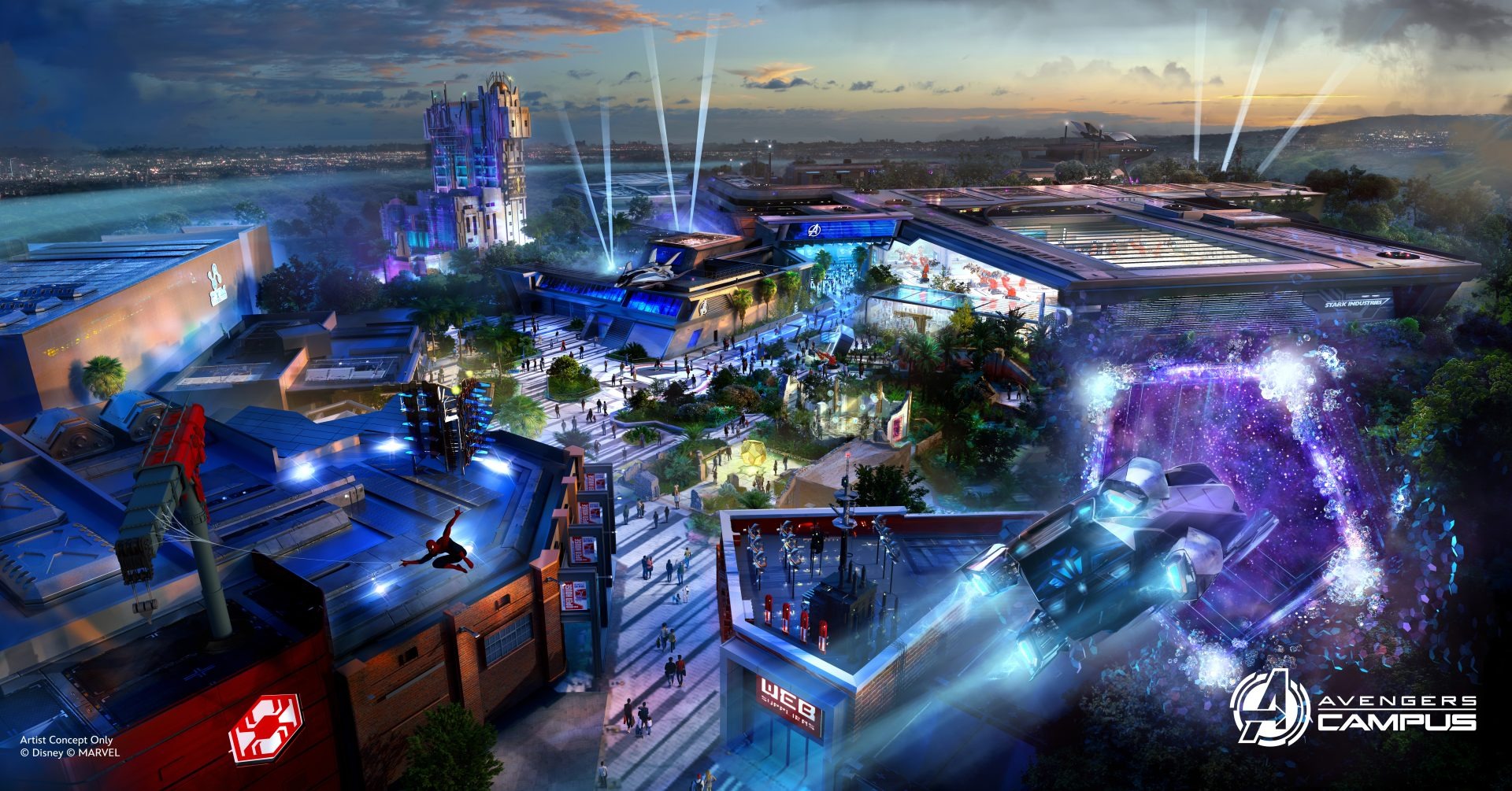An expansive view of Avengers Campus at Disney California Adventure, featuring various attractions, buildings, and a spaceship-like vehicle with a futuristic design captures the essence of Marvel's universe seamlessly.