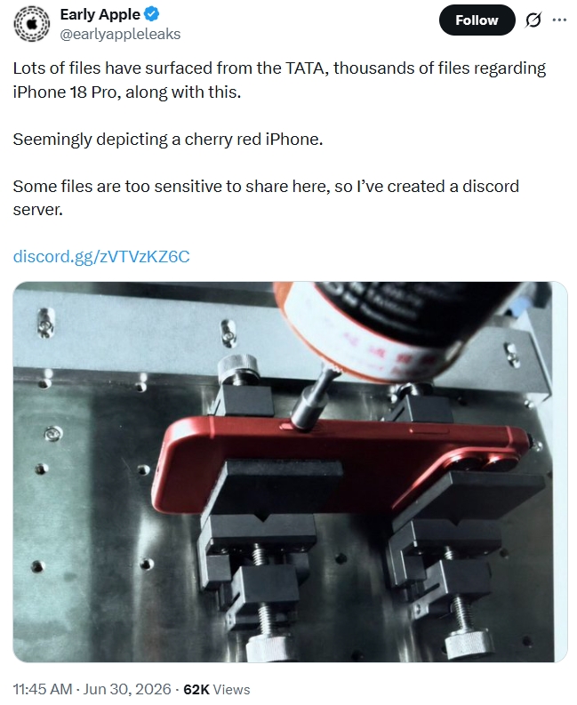 EarlyAppleLeaks showing Cherry Red iPhone 18 Pro EarlyAppleLeaks showing Cherry Red iPhone 18 Pro