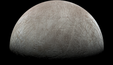 An image of the surface of Europa. The top half of the sphere is illuminated with the bottom half dark. The surface is traced with lineae, long lines across its surface of various hues of grey, white, and brown. The surface is a brown-grey, somewhat like Earth's Moon with the highest brightness areas appearing white.