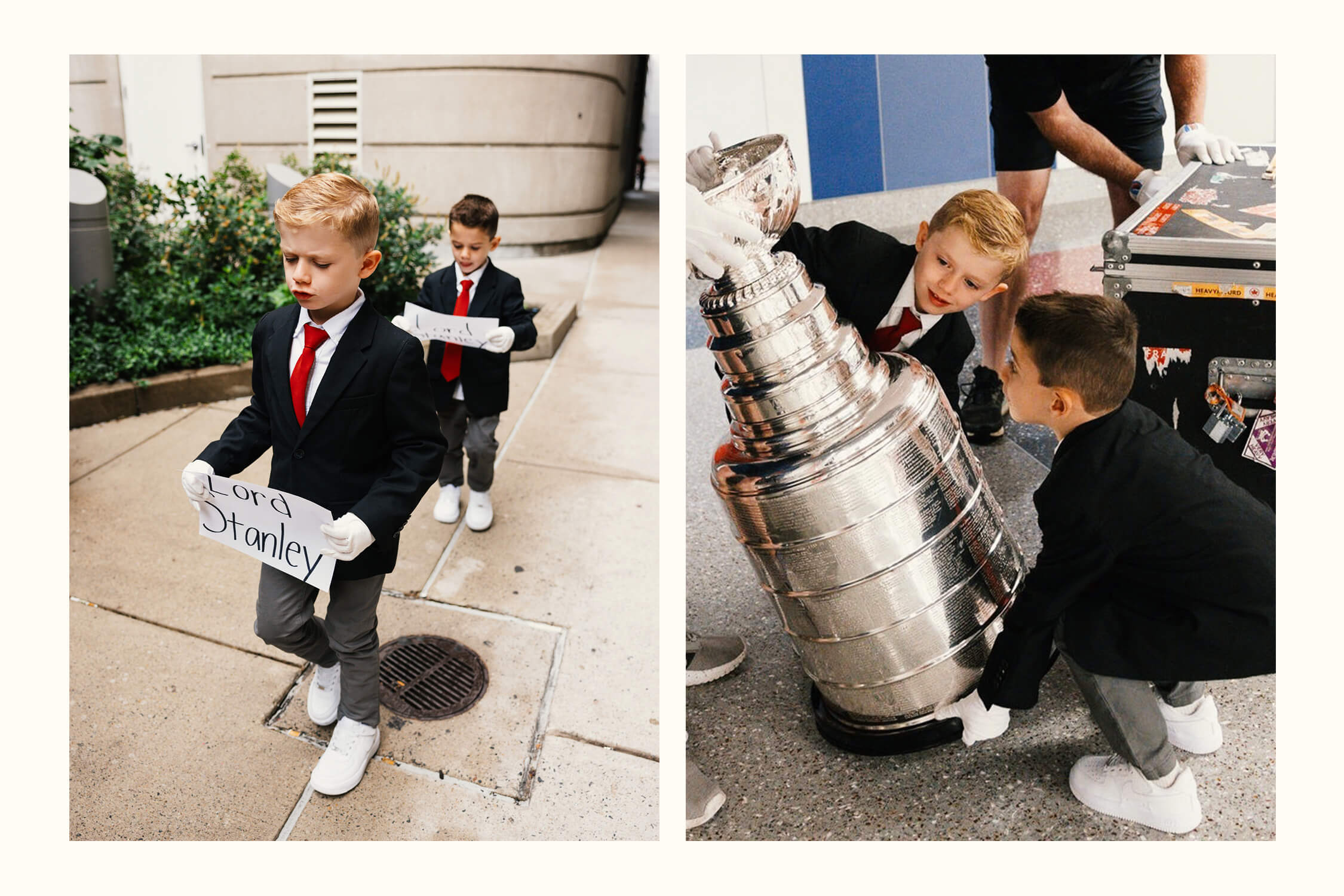A composite shot showing, on the right, Rodrigues' son Grayson, wearing a red tie, black suit jacket and white gloves, carrying a sign that reads "Lord Stanley" and, on the left, him helping to hoist the Cup.