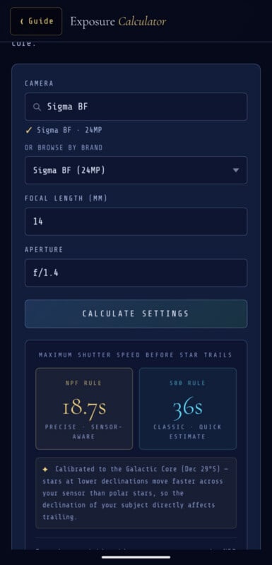 A screenshot of an exposure calculator interface for astrophotography. It shows camera and lens settings: Sigma BF, 24MP, 14mm focal length, f/1.4 aperture, and suggests shutter speeds of 18.7s (NPF rule) and 36s (classic rule).