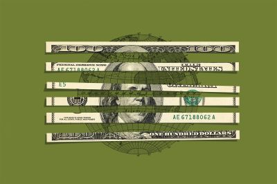 An illustration against a solid olive-green background features a detailed line drawing of a globe with latitude and longitude lines. Layered horizontally across the front of the globe are six shredded, parallel strips of a United States one-hundred-dollar bill. The strips are spaced apart, revealing parts of the globe behind them, but are aligned to show the partial face of Benjamin Franklin and elements of the currency text and serial numbers.