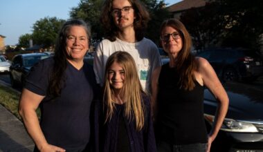 Jamie Corum, her children Ivy Edgar, 10, Cash Edgar, 17, and wife Jessica Edgar-Corum pose for a po...