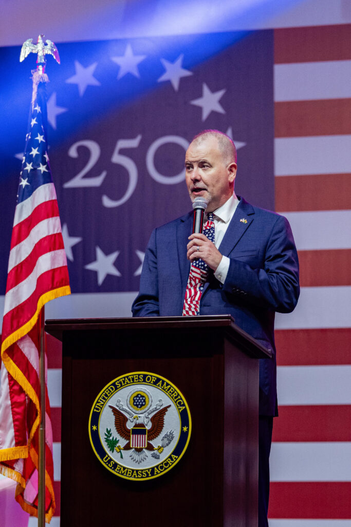 Chargé d’Affaires Rolf Olson delivering remarks at the 250th Independence Day Celebration in Accra on June 10, 2026. 