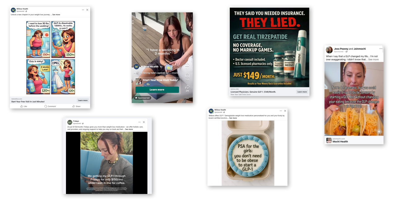 A collage of 6 advertisements for online GLP-1 medication.