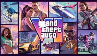 Promotional artwork for 'Grand Theft Auto VI' featuring various characters and scenes, including a helicopter, luxury car, speedboat, and motorbike, surrounding the central game logo.
