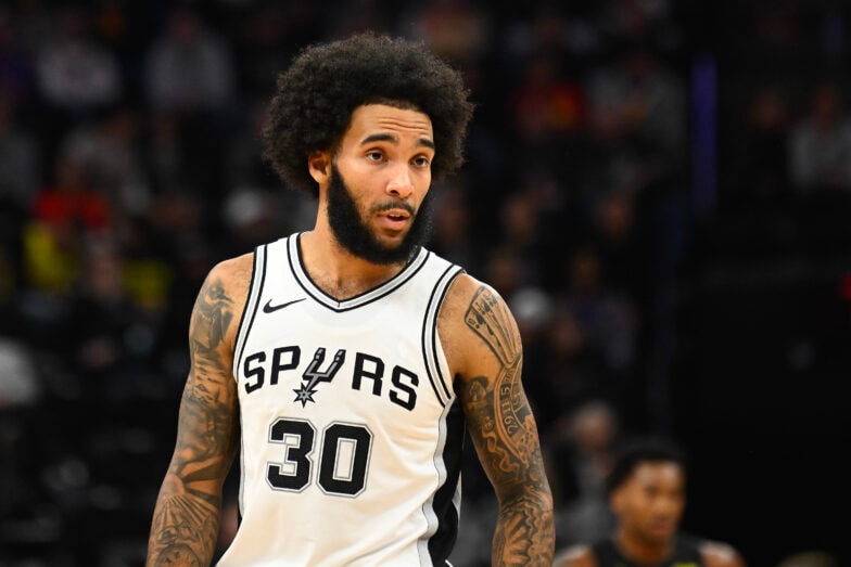 Julian Champagnie #30 of the San Antonio Spurs looks on during the first half of a game against the Utah Jazzat Delta Center on October 31, 2024 in Salt Lake City, Utah.