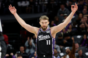 SACRAMENTO, CALIFORNIA - JANUARY 16: Domantas Sabonis #11 of the Sacramento Kings reacts after the Kings scored against the Houston Rockets during the second half at Golden 1 Center on January 16, 2025 in Sacramento, California. NOTE TO USER: User expressly acknowledges and agrees that, by downloading and/or using this photograph, user is consenting to the terms and conditions of the Getty Images License Agreement. (Photo by Ezra Shaw/Getty Images)