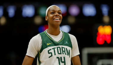 SEATTLE, WASHINGTON - JULY 11: Dominique Malonga #14 of the Seattle Storm smiles against the Connecticut Sun at Climate Pledge Arena on July 11, 2025 in Seattle, Washington. The Seattle Storm won 79-65.