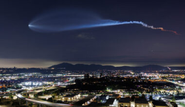 A SpaceX Falcon 9 rocket carrying a payload of 24 Starlink satellites soars over Santee, Calif., after launching from Vandenberg Space Force Base on July 18, 2025. Credit: Kevin Carter/Getty Images