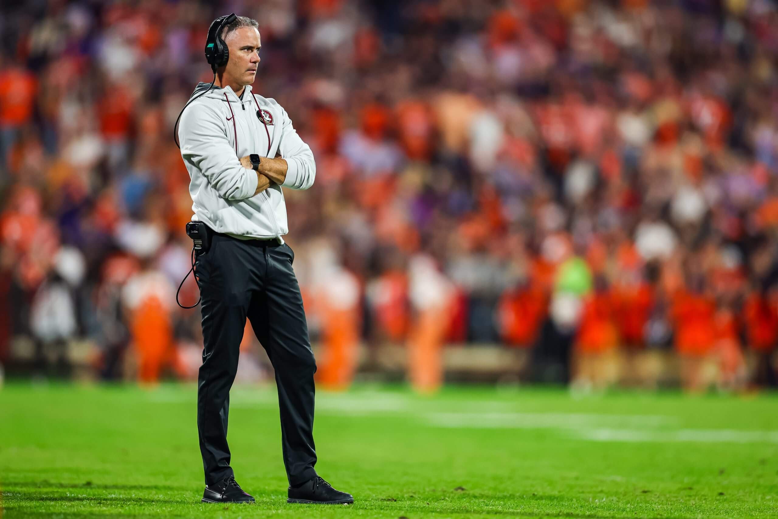 Coach Mike Norvell of the Florida State Seminoles looks on against Clemson.