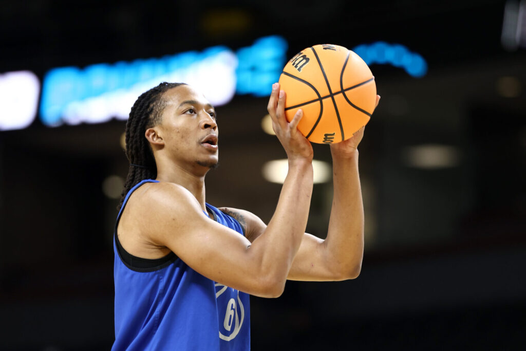 GREENVILLE, SOUTH CAROLINA - MARCH 18: Maliq Brown #6 of the Duke Blue Devils attempts a shot during practice day ahead of the first round of the 2026 NCAA Men's Basketball Tournament at Bon Secours Wellness Arena on March 18, 2026 in Greenville, South Carolina. (Photo by Jared C. Tilton/Getty Images)