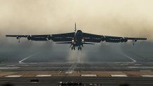 A United States Air Force B-52 Stratofortress strategic bomber takes off from RAF Fairford on March 19, 2026 in Fairford, England.