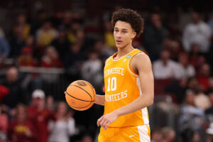 CHICAGO, ILLINOIS - MARCH 27: Nate Ament #10 of the Tennessee Volunteers dribbles up the court against the Iowa State Cyclones in the Sweet Sixteen of the 2026 NCAA Men's Basketball Tournament at the United Center on March 27, 2026 in Chicago, Illinois. (Photo by Michael Reaves/Getty Images)