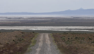 The exposed lake bed of the Great Salt Lake is seen on May 15 from the site where the Stratos Project, a proposed data center, will be built in Utah’s Box Elder County. Supported by celebrity investor Kevin O'Leary, the proposal has met strong opposition from scientists, environmental groups and citizens who fear it could have a potentially devastating impact on wildlife and the water level of the lake.