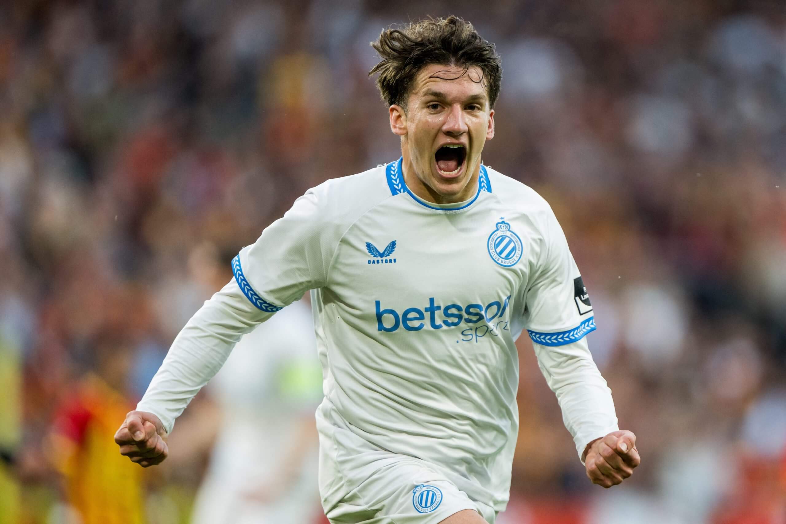 Tzolis celebrating a goal for Club Brugge
