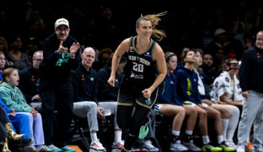 BROOKLYN, NEW YORK - MAY 24: Sabrina Ionescu #20 of the New York Liberty reacts to a shot against the Dallas Wings at Barclays Center on May 24, 2026 in Brooklyn, New York. NOTE TO USER: User expressly acknowledges and agrees that, by downloading and or using this Photograph, user is consenting to the terms and conditions of the Getty Images License Agreement. (Photo by Michelle Farsi/Getty Images)