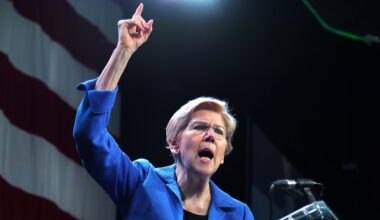 Sen. Elizabeth Warren speaking with her finger pointing in the air