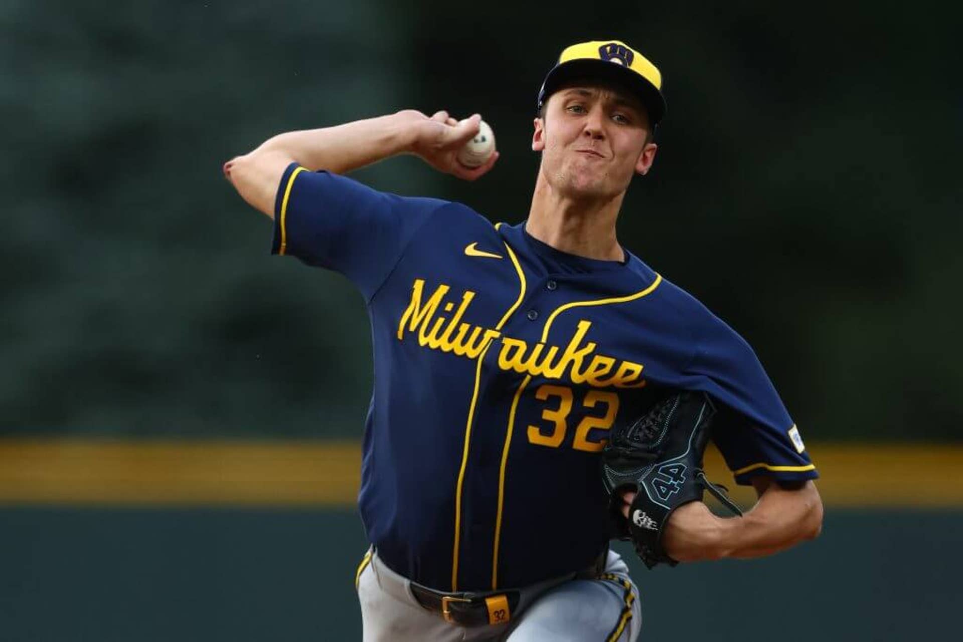 Starting pitcher Jacob Misiorowski of the Milwaukee Brewers cocks back his right arm before delivering a pitch.