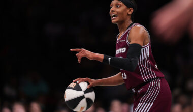 NEW YORK, NEW YORK - JUNE 03: Brittney Sykes #20 of the Toronto Tempo brings the ball up the court during the second quarter of the game against the New York Liberty at Barclays Center on June 03, 2026 in New York City. NOTE TO USER: User expressly acknowledges and agrees that, by downloading and or using this photograph, User is consenting to the terms and conditions of the Getty Images License Agreement. (Photo by Dustin Satloff/Getty Images)