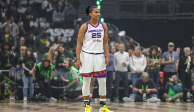SEATTLE, WASHINGTON - JUNE 03: Alyssa Thomas #25 of the Phoenix Mercury reacts before the game against the Seattle Storm at Climate Pledge Arena on June 03, 2026 in Seattle, Washington. (Photo by Jack Compton/Getty Images)