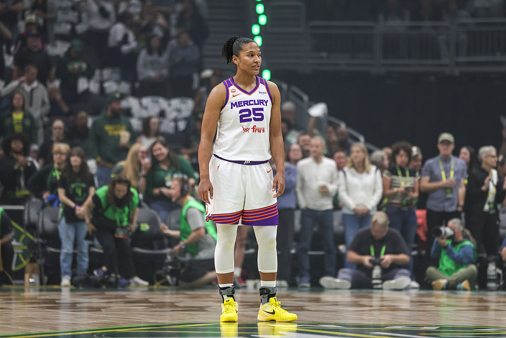 SEATTLE, WASHINGTON - JUNE 03: Alyssa Thomas #25 of the Phoenix Mercury reacts before the game against the Seattle Storm at Climate Pledge Arena on June 03, 2026 in Seattle, Washington. (Photo by Jack Compton/Getty Images)