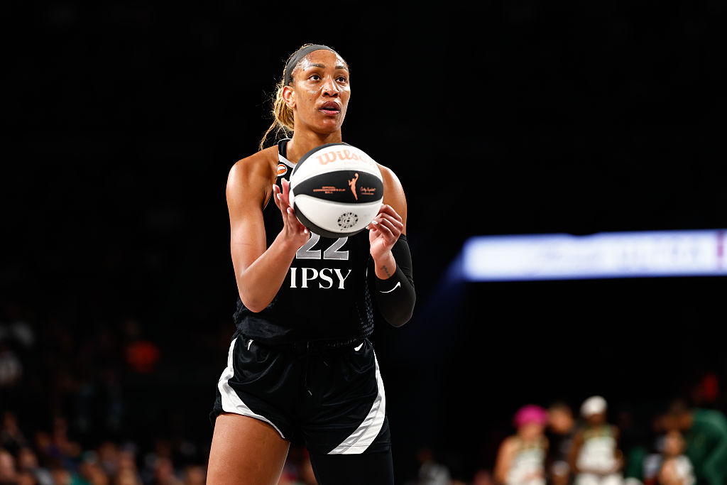 LAS VEGAS, NV - JUNE 8: A'ja Wilson #22 of the Las Vegas Aces shoots a free throw during the game against the Seattle Storm on June 8, 2026 at Michelob ULTRA Arena in Las Vegas, Nevada. NOTE TO USER: User expressly acknowledges and agrees that, by downloading and or using this photograph, User is consenting to the terms and conditions of the Getty Images License Agreement. Mandatory Copyright Notice: Copyright 2026 NBAE (Photo by Mike Kirschbaum/NBAE via Getty Images)