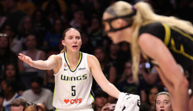 LOS ANGELES, CALIFORNIA - JUNE 05: Paige Bueckers #5 of the Dallas Wings reacts on the bench during the game against the Los Angeles Sparks at Crypto.com Arena on June 05, 2026 in Los Angeles, California. NOTE TO USER: User expressly acknowledges and agrees that, by downloading and or using this photograph, User is consenting to the terms and conditions of the Getty Images License Agreement. (Photo by Luiza Moraes/Getty Images)