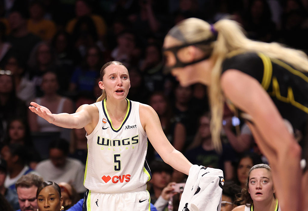 LOS ANGELES, CALIFORNIA - JUNE 05: Paige Bueckers #5 of the Dallas Wings reacts on the bench during the game against the Los Angeles Sparks at Crypto.com Arena on June 05, 2026 in Los Angeles, California. NOTE TO USER: User expressly acknowledges and agrees that, by downloading and or using this photograph, User is consenting to the terms and conditions of the Getty Images License Agreement. (Photo by Luiza Moraes/Getty Images)