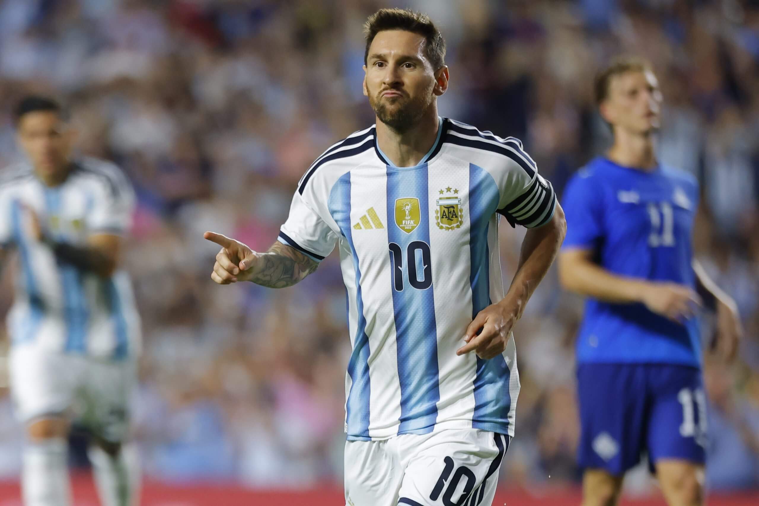 Lionel Messi celebrates after scoring against Iceland